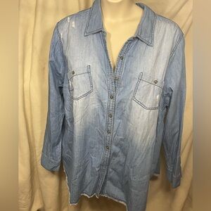 Lane Bryant size 28 heavyweight, distressed, frayed hem denim shirt.